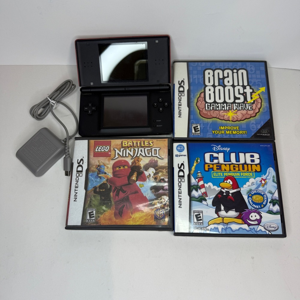 Nintendo DS Lite Crimson Red Black Console Bundle with Charger and 3 Games